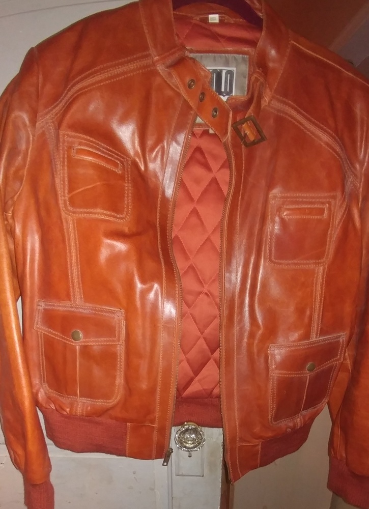 Women's Cognac Leather Bomber Jacket Size 3XL